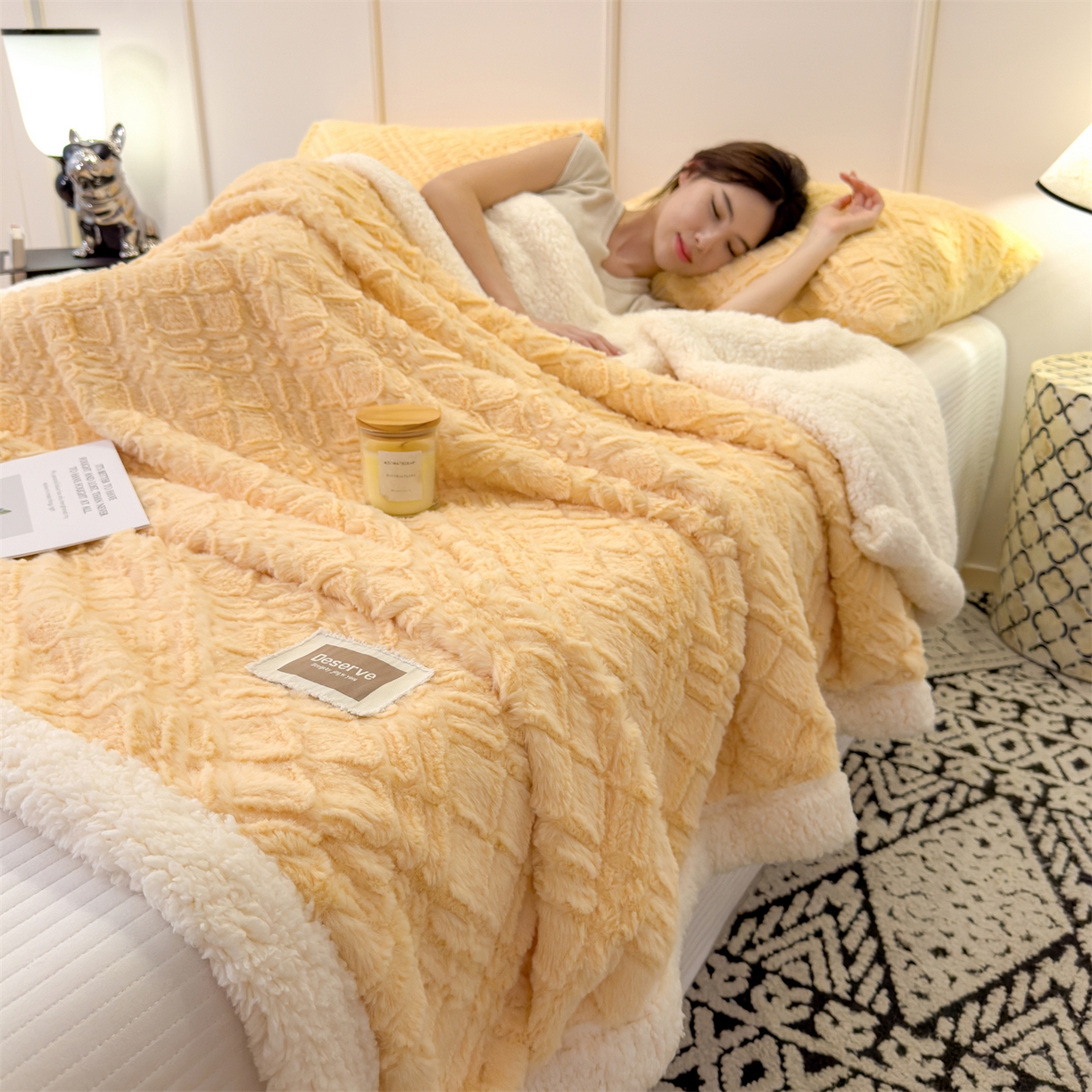 91家纺网 家纺一手货源 找家纺 慕木家纺 2025新款高克重加厚兔毛绒斜纹双层毛毯毛毯毯子（可供跨境提供买家秀） 兔兔绒-斜纹-奶油黄