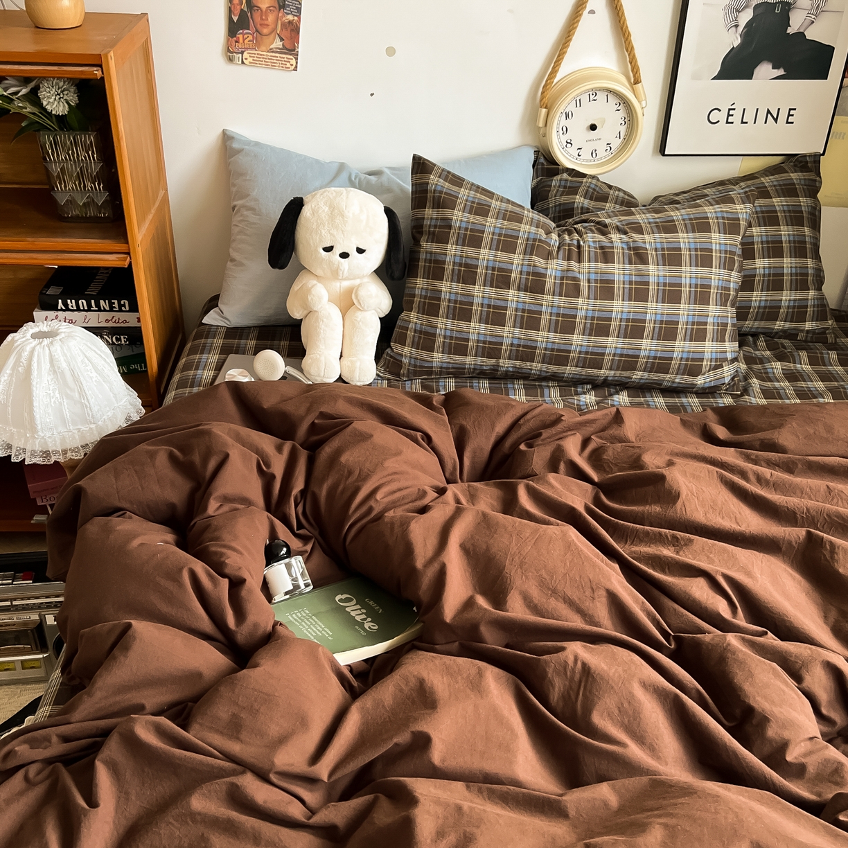 91家纺网 家纺一手货源 找家纺 （总）对白 2025新款全棉纯棉色织水洗棉四件套-咖啡格纹【提供买家秀】