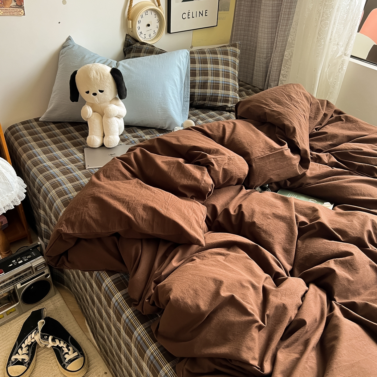 91家纺网 家纺一手货源 找家纺 （总）对白 2025新款全棉纯棉色织水洗棉四件套-咖啡格纹【提供买家秀】