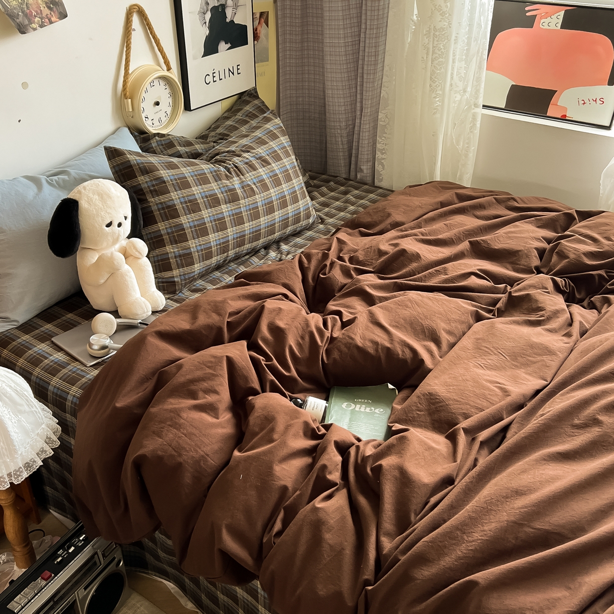 91家纺网 家纺一手货源 找家纺 （总）对白 2025新款全棉纯棉色织水洗棉四件套-咖啡格纹【提供买家秀】