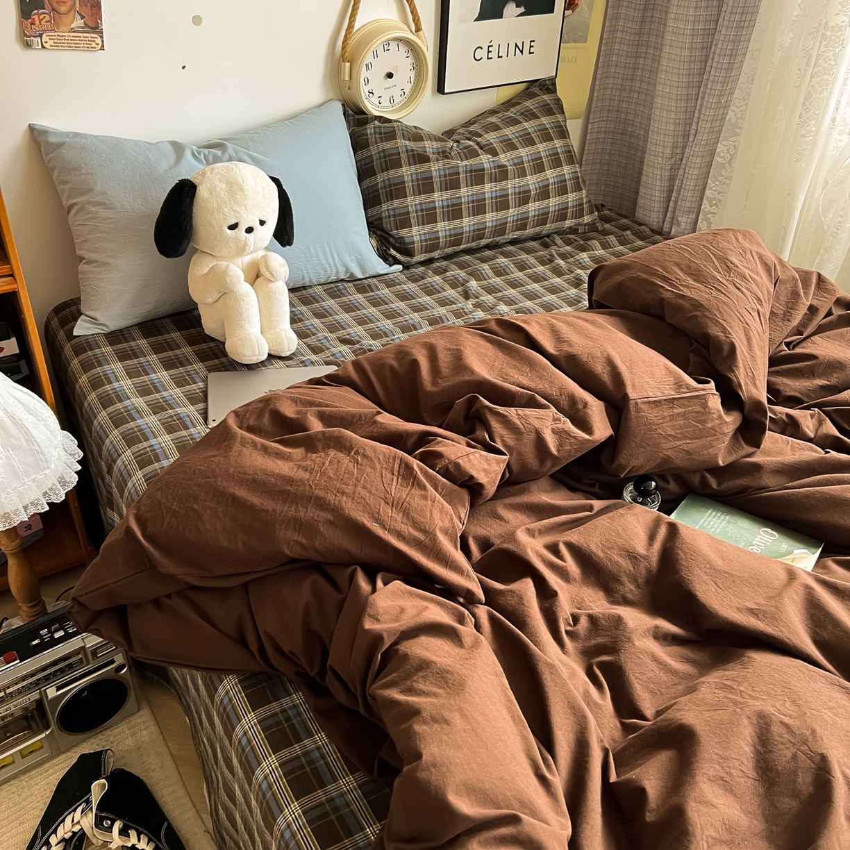 91家纺网 家纺一手货源 找家纺 （总）对白 2025新款全棉纯棉色织水洗棉四件套-咖啡格纹【提供买家秀】