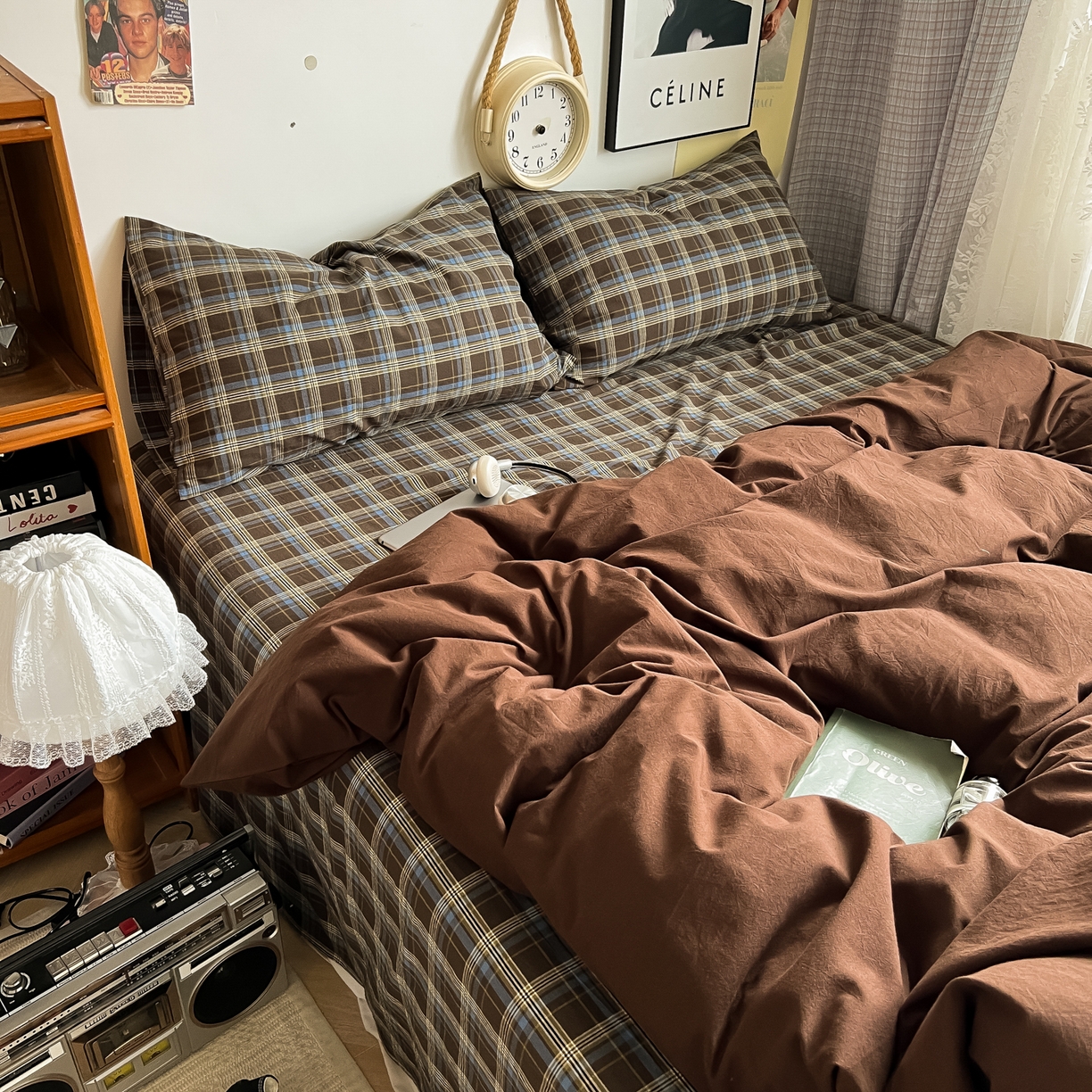 91家纺网 家纺一手货源 找家纺 （总）对白 2025新款全棉纯棉色织水洗棉四件套-咖啡格纹【提供买家秀】