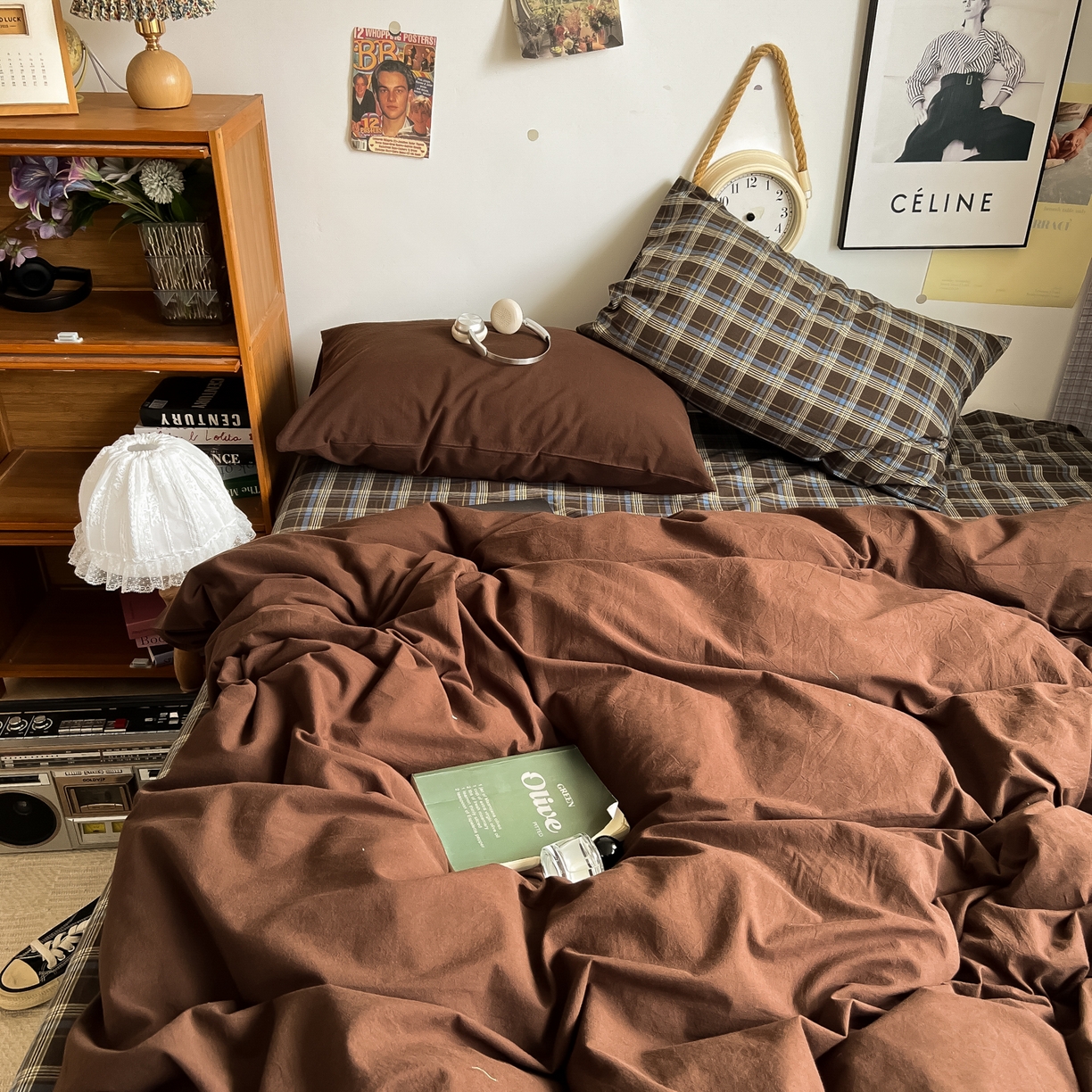 91家纺网 家纺一手货源 找家纺 （总）对白 2025新款全棉纯棉色织水洗棉四件套-咖啡格纹【提供买家秀】