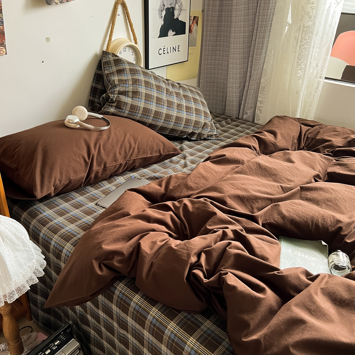 91家纺网 家纺一手货源 找家纺 对白 2025新款全棉纯棉色织水洗棉四件套-咖啡格纹 咖啡格纹（枕套格子）