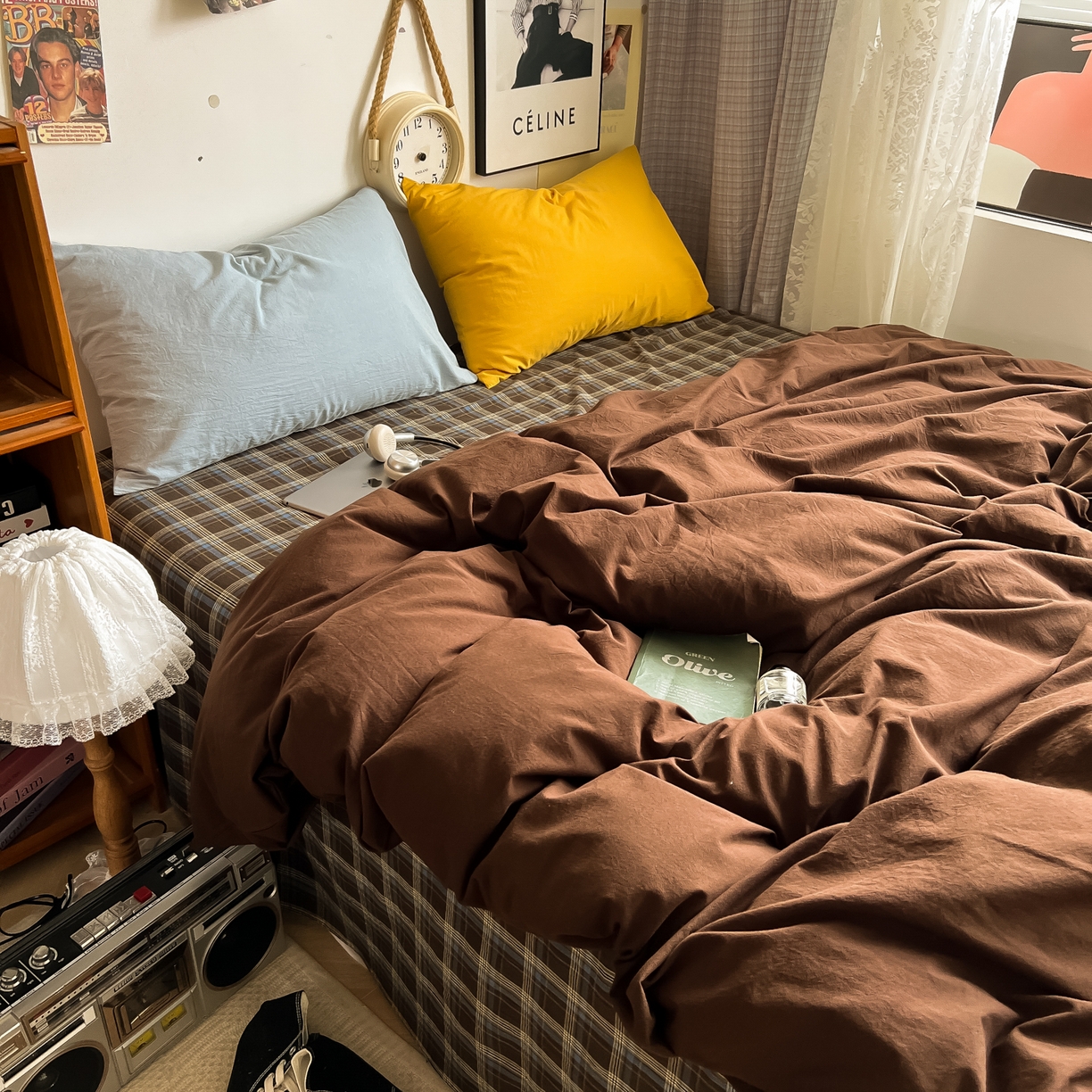 91家纺网 家纺一手货源 找家纺 对白 2025新款全棉纯棉色织水洗棉四件套-咖啡格纹 咖啡格纹（枕套格子）