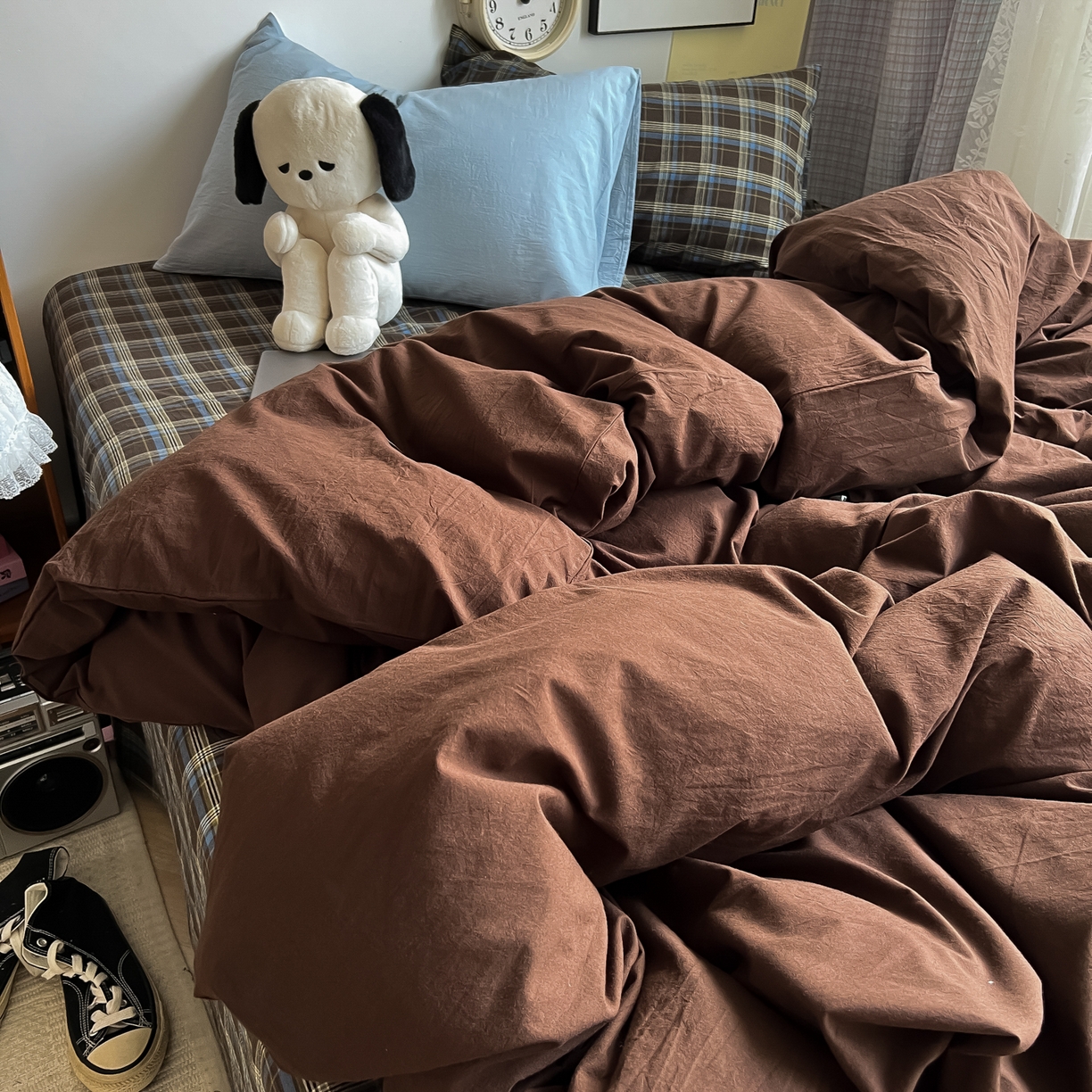 91家纺网 家纺一手货源 找家纺 对白 2025新款全棉纯棉色织水洗棉四件套-咖啡格纹 咖啡格纹（枕套格子+咖）