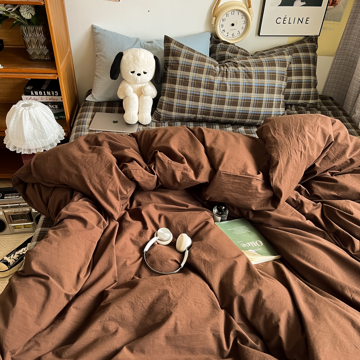 91家纺网 家纺一手货源 找家纺 对白 2025新款全棉纯棉色织水洗棉四件套-咖啡格纹 咖啡格纹（枕套格子+咖）