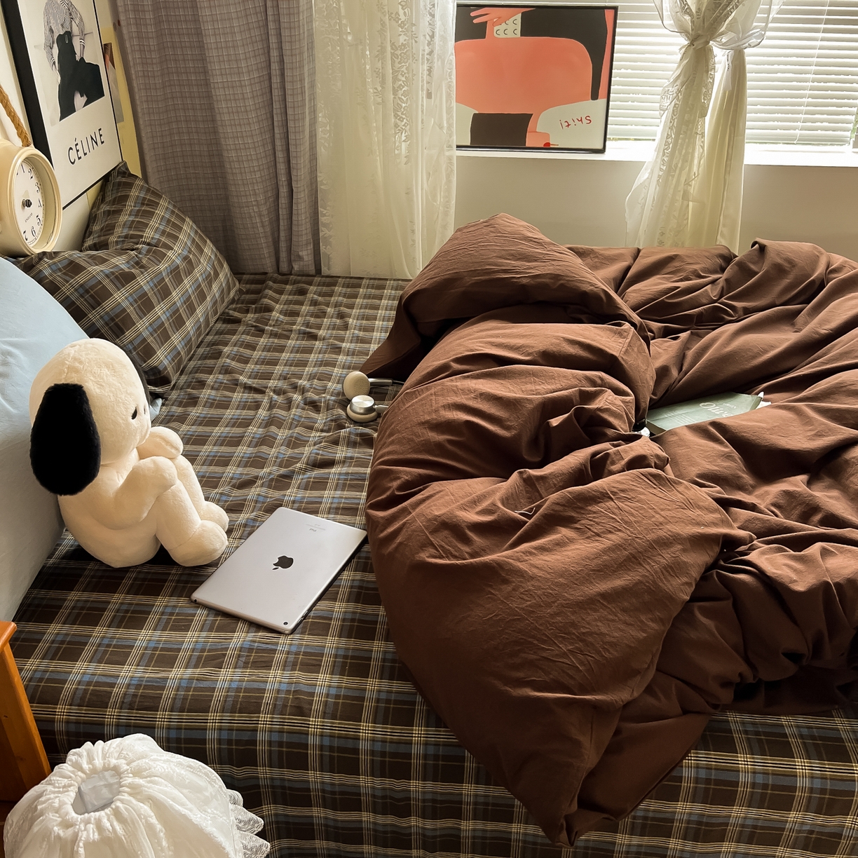 91家纺网 家纺一手货源 找家纺 对白 2025新款全棉纯棉色织水洗棉四件套-咖啡格纹 咖啡格纹（枕套格子）