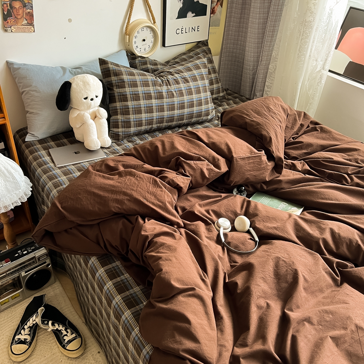 91家纺网 家纺一手货源 找家纺 对白 2025新款全棉纯棉色织水洗棉四件套-咖啡格纹 咖啡格纹（枕套海蓝+姜黄）