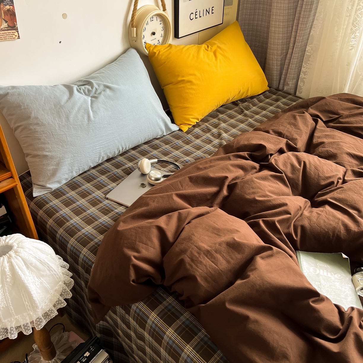 91家纺网 家纺一手货源 找家纺 对白 2025新款全棉纯棉色织水洗棉四件套-咖啡格纹 咖啡格纹（枕套格子+咖）