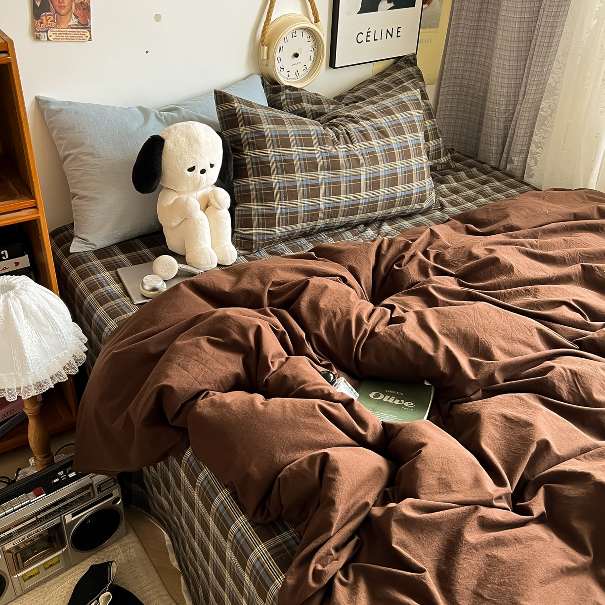 91家纺网 家纺一手货源 找家纺 对白 2025新款全棉纯棉色织水洗棉四件套-咖啡格纹 咖啡格纹（枕套海蓝+姜黄）