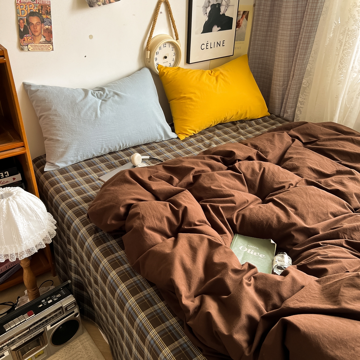 91家纺网 家纺一手货源 找家纺 对白 2025新款全棉纯棉色织水洗棉四件套-咖啡格纹 咖啡格纹（枕套海蓝+姜黄）