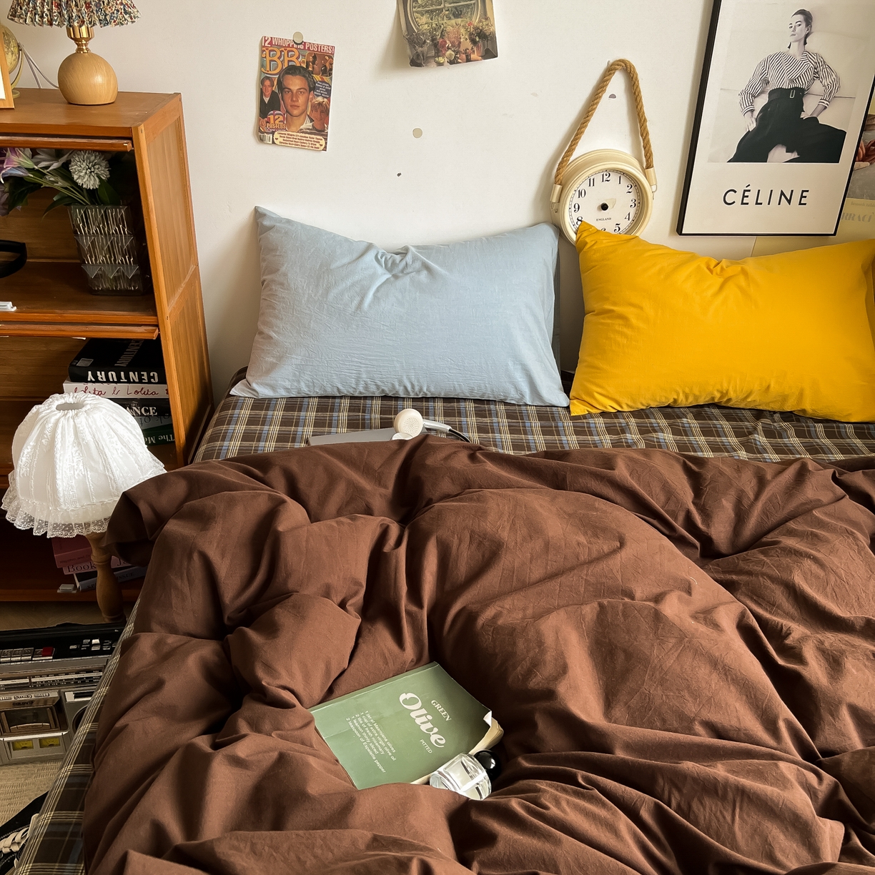 91家纺网 家纺一手货源 找家纺 对白 2025新款全棉纯棉色织水洗棉四件套-咖啡格纹 咖啡格纹（枕套海蓝+姜黄）