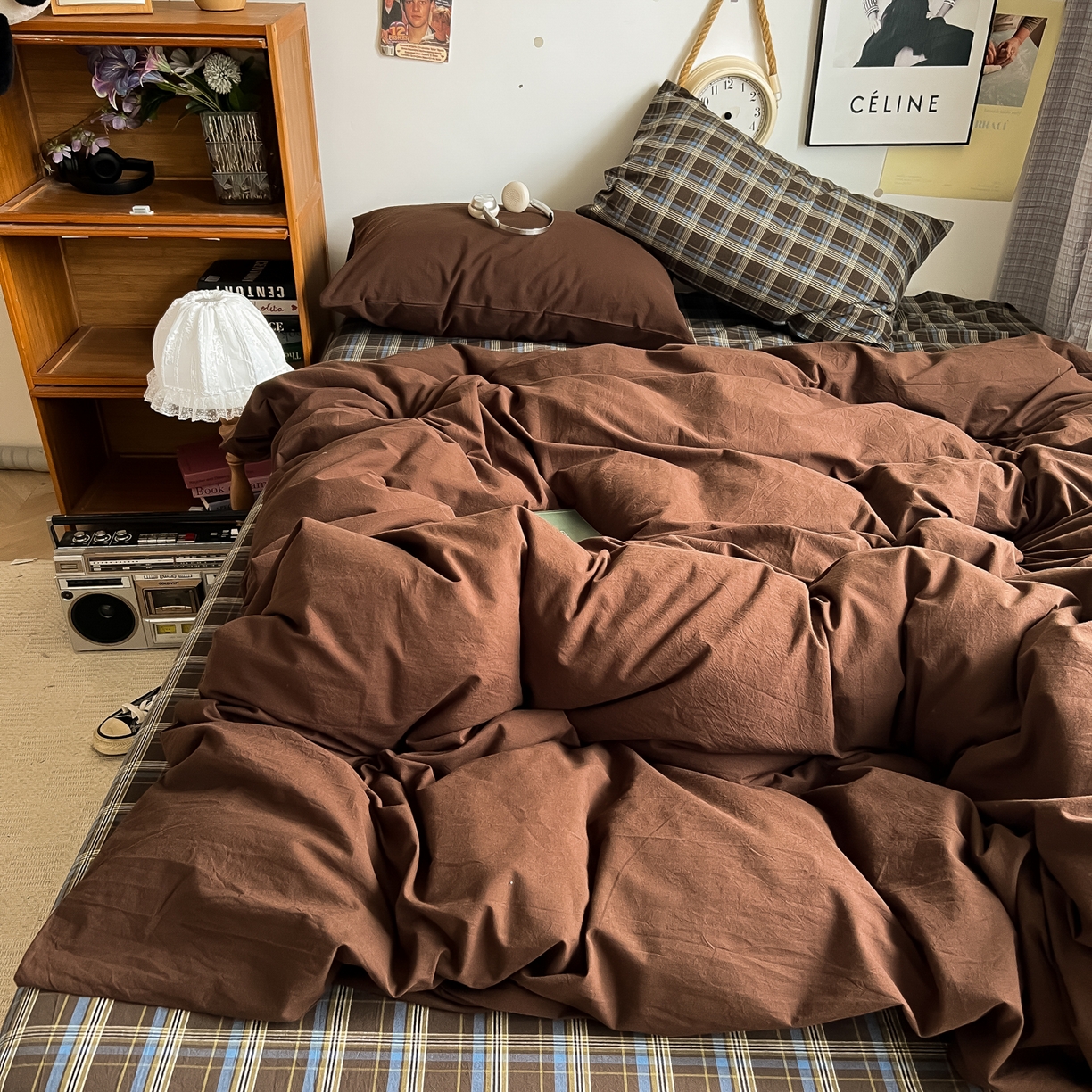 91家纺网 家纺一手货源 找家纺 对白 2025新款全棉纯棉色织水洗棉四件套-咖啡格纹 咖啡格纹（枕套格子+咖）