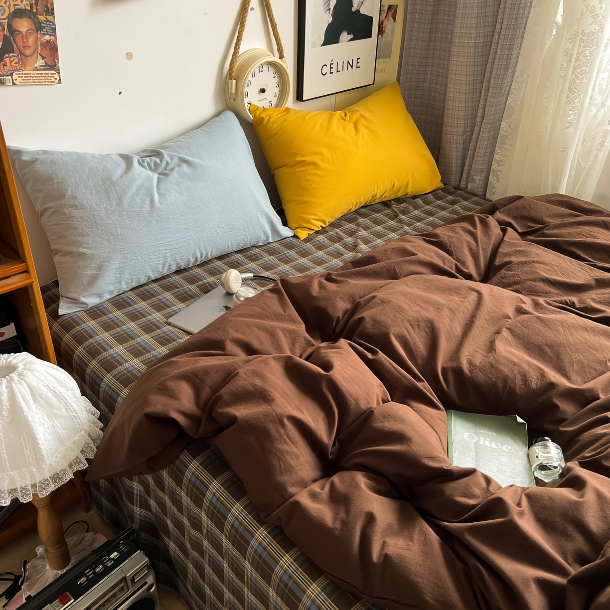 91家纺网 家纺一手货源 找家纺 对白 2025新款全棉纯棉色织水洗棉四件套-咖啡格纹 咖啡格纹（枕套海蓝+姜黄）