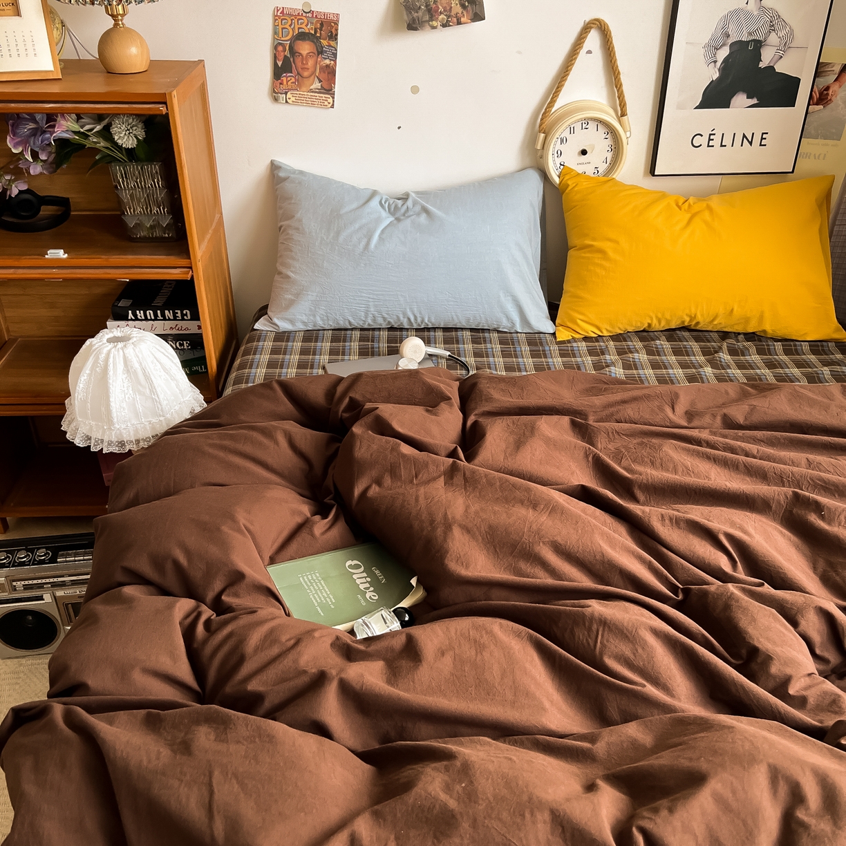 91家纺网 家纺一手货源 找家纺 对白 2025新款全棉纯棉色织水洗棉四件套-咖啡格纹 咖啡格纹（枕套海蓝+格子）