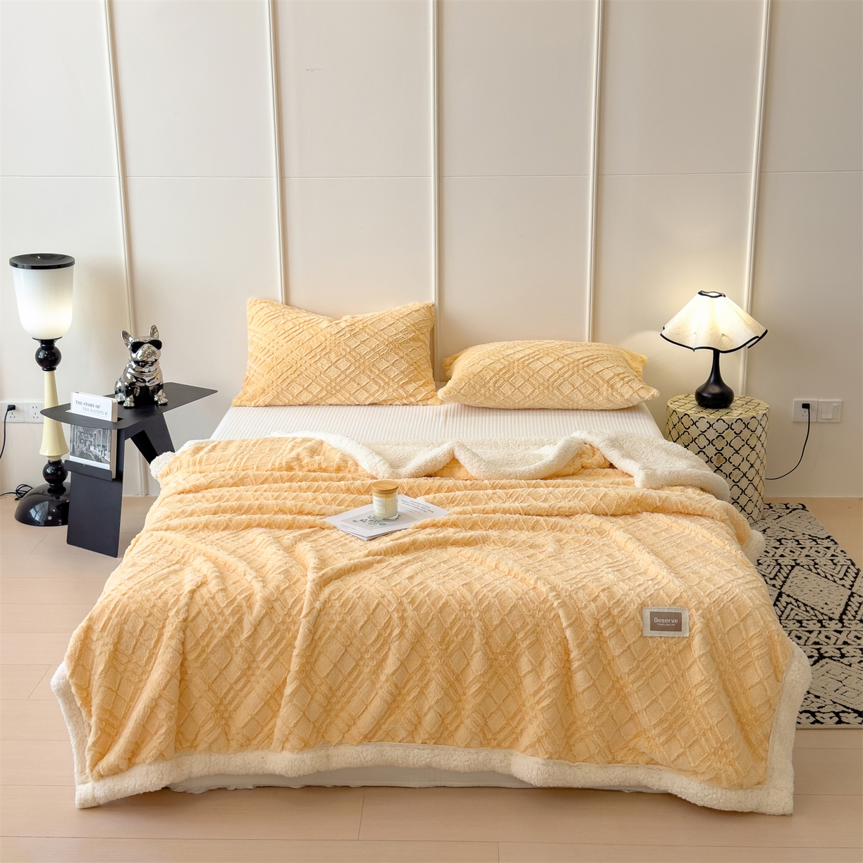 91家纺网 家纺一手货源 找家纺 慕木家纺 2025新款高克重加厚兔毛绒斜纹双层毛毯毛毯毯子（可供跨境提供买家秀） 兔兔绒-斜纹-奶油黄