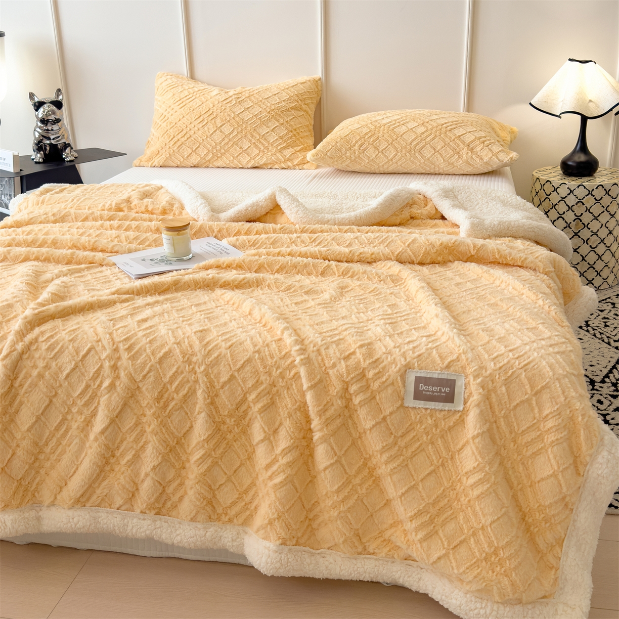 91家纺网 家纺一手货源 找家纺 慕木家纺 2025新款高克重加厚兔毛绒斜纹双层毛毯毛毯毯子（可供跨境提供买家秀） 兔兔绒-斜纹-奶油黄