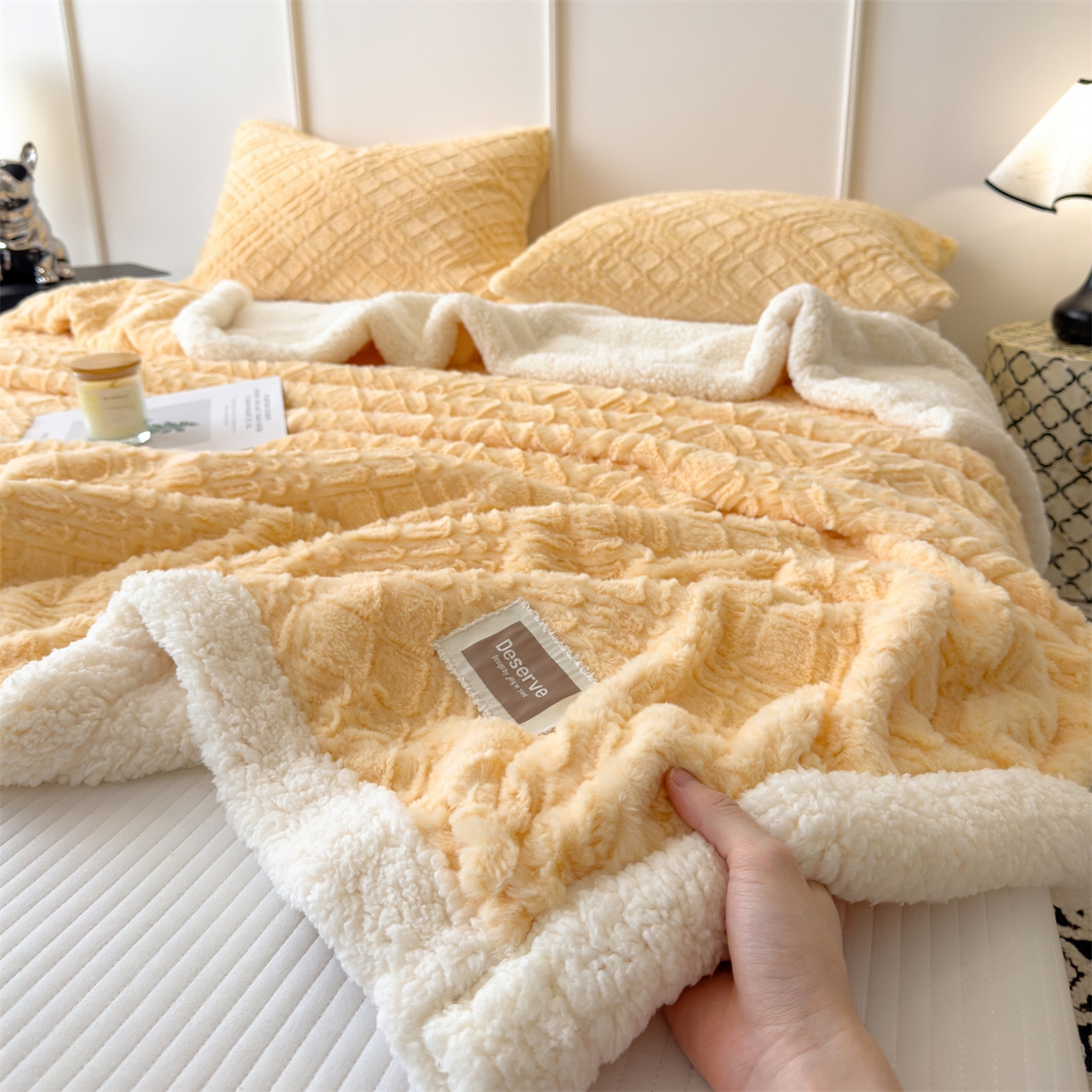 91家纺网 家纺一手货源 找家纺 慕木家纺 2025新款高克重加厚兔毛绒斜纹双层毛毯毛毯毯子（可供跨境提供买家秀） 兔兔绒-斜纹-奶油黄