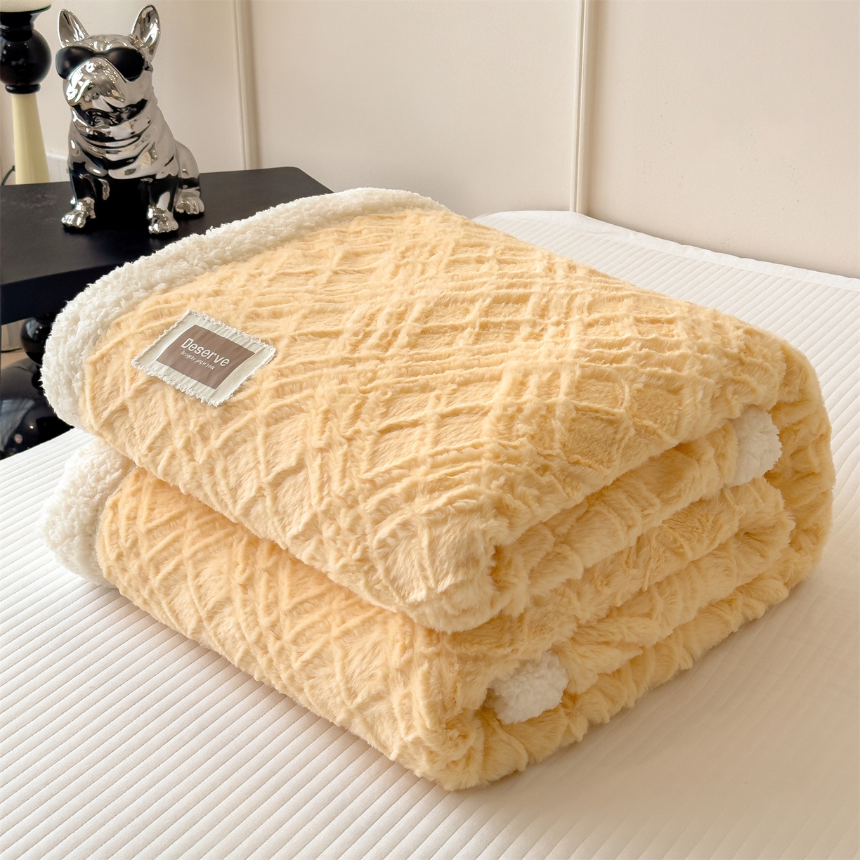 91家纺网 家纺一手货源 找家纺 慕木家纺 2025新款高克重加厚兔毛绒斜纹双层毛毯毛毯毯子（可供跨境提供买家秀） 兔兔绒-斜纹-奶油黄
