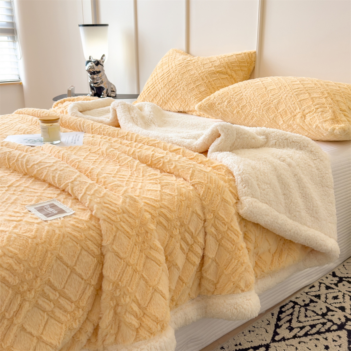 91家纺网 家纺一手货源 找家纺 慕木家纺 2025新款高克重加厚兔毛绒斜纹双层毛毯毛毯毯子（可供跨境提供买家秀） 兔兔绒-斜纹-奶油黄