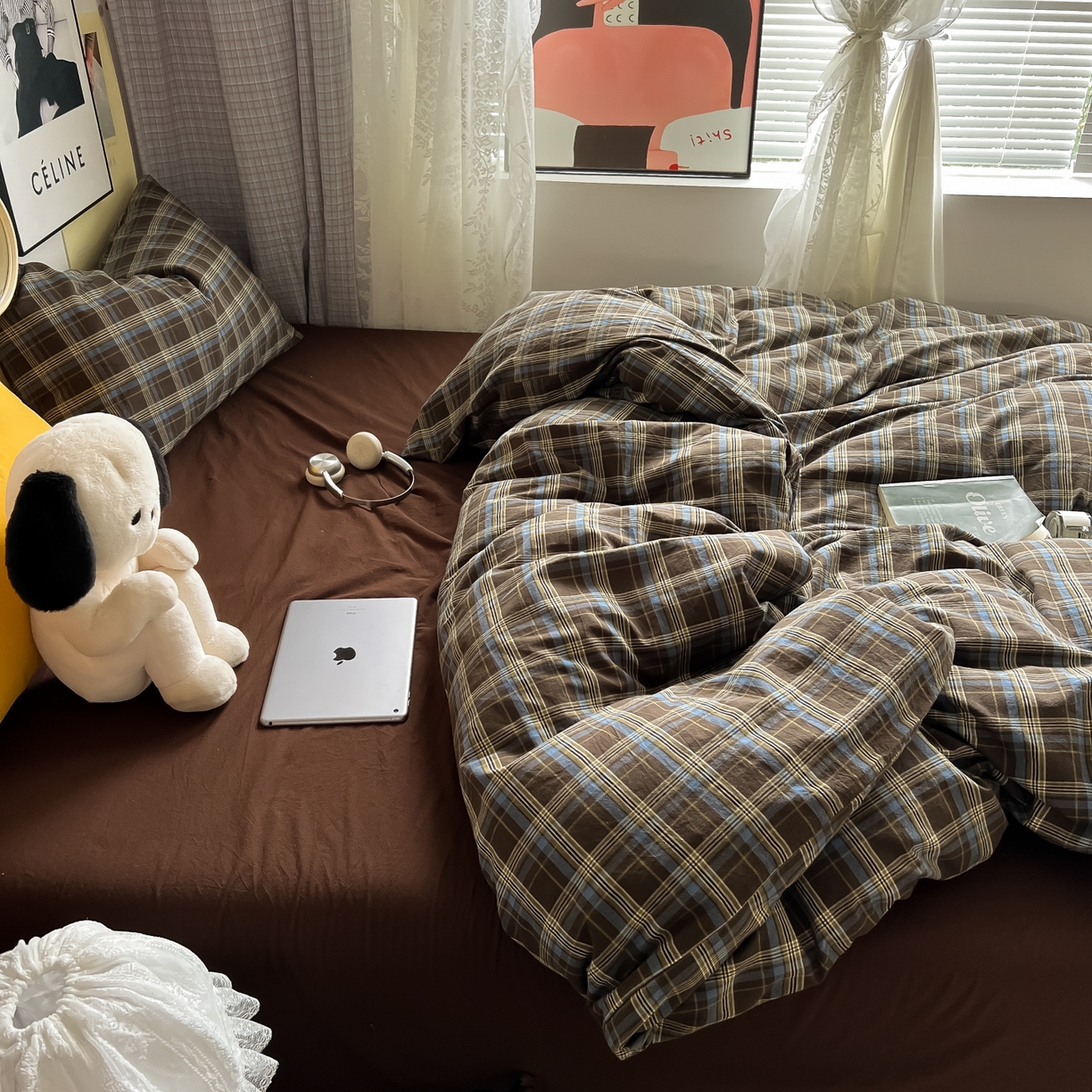 91家纺网 家纺一手货源 找家纺 对白 2025新款全棉纯棉色织水洗棉四件套-莱伊小镇 莱伊小镇（枕套姜黄+海王绿）