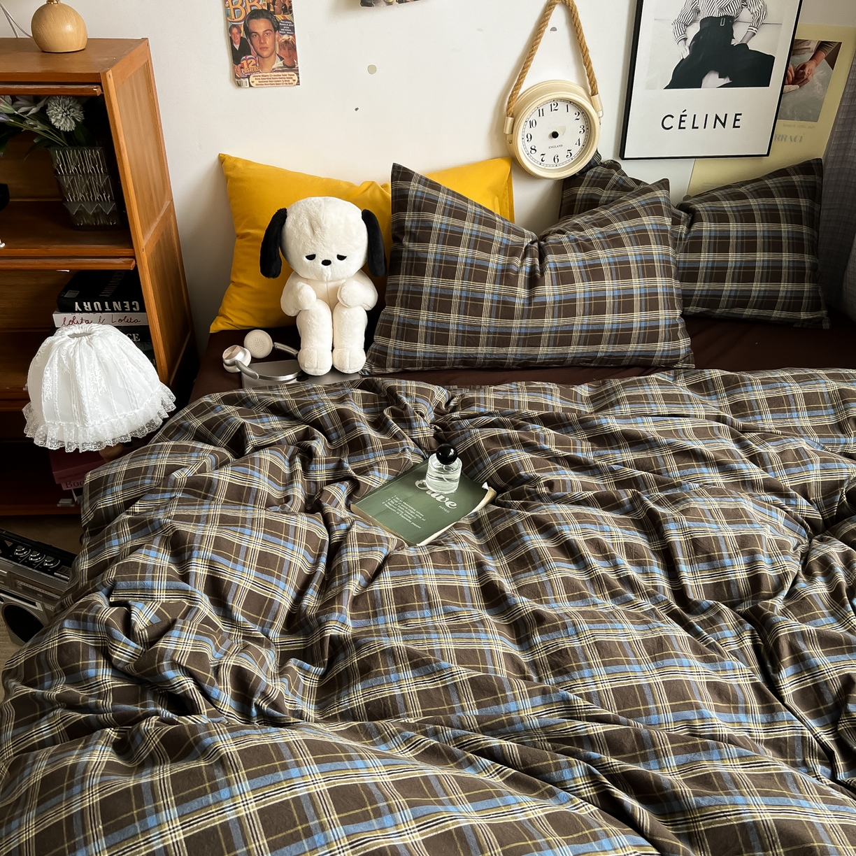 91家纺网 家纺一手货源 找家纺 对白 2025新款全棉纯棉色织水洗棉四件套-莱伊小镇 莱伊小镇（枕套格子+姜黄）