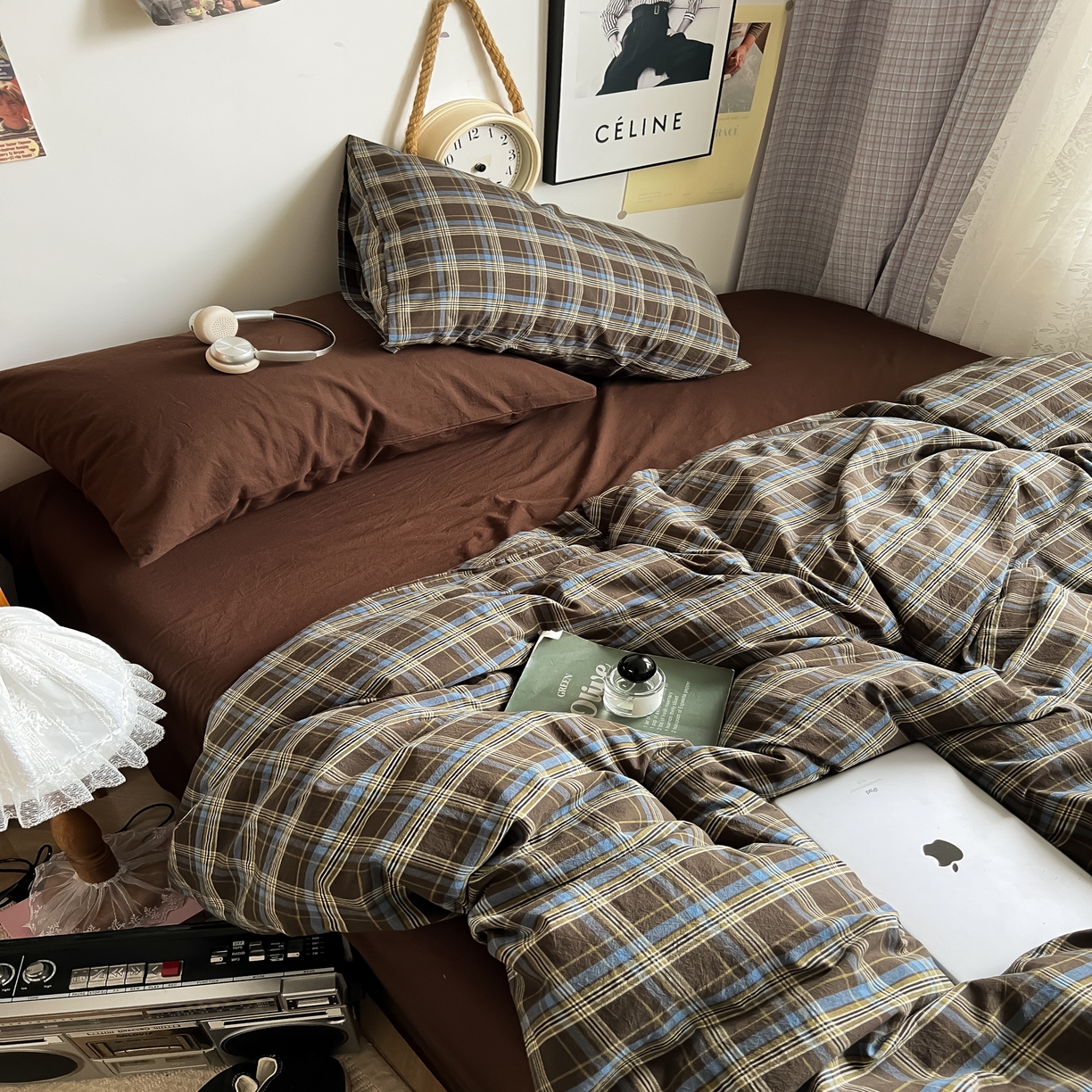 91家纺网 家纺一手货源 找家纺 对白 2025新款全棉纯棉色织水洗棉四件套-莱伊小镇 莱伊小镇（枕套格子+姜黄）