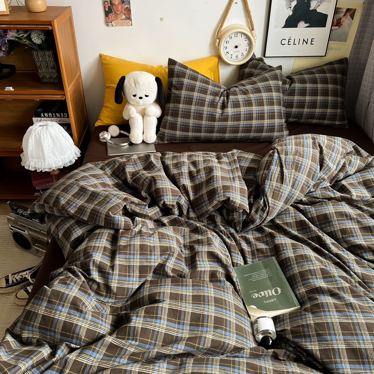 91家纺网 家纺一手货源 找家纺 对白 2025新款全棉纯棉色织水洗棉四件套-莱伊小镇 莱伊小镇（枕套格子+咖）