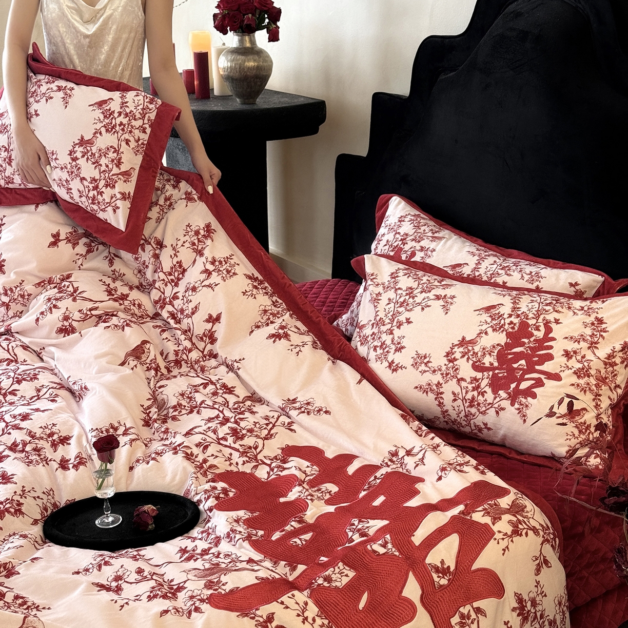 91家纺网 家纺一手货源 找家纺 （总）江涞 2025新款高克重婴肤绒数码印花高端刺绣四件套-合欢