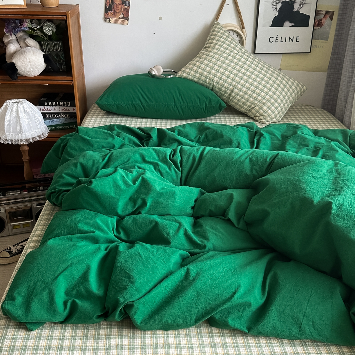 91家纺网 家纺一手货源 找家纺 对白 2025新款全棉纯棉色织水洗棉四件套-圣托里尼 圣托里尼（枕套海王绿）