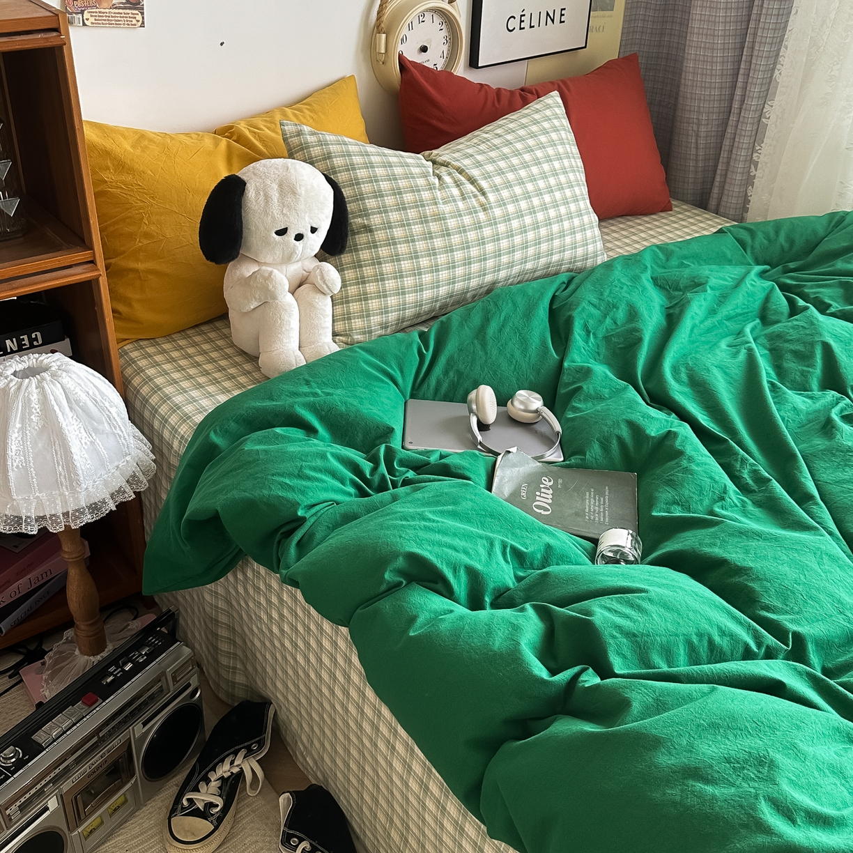 91家纺网 家纺一手货源 找家纺 对白 2025新款全棉纯棉色织水洗棉四件套-圣托里尼 圣托里尼（枕套姜黄+格子）