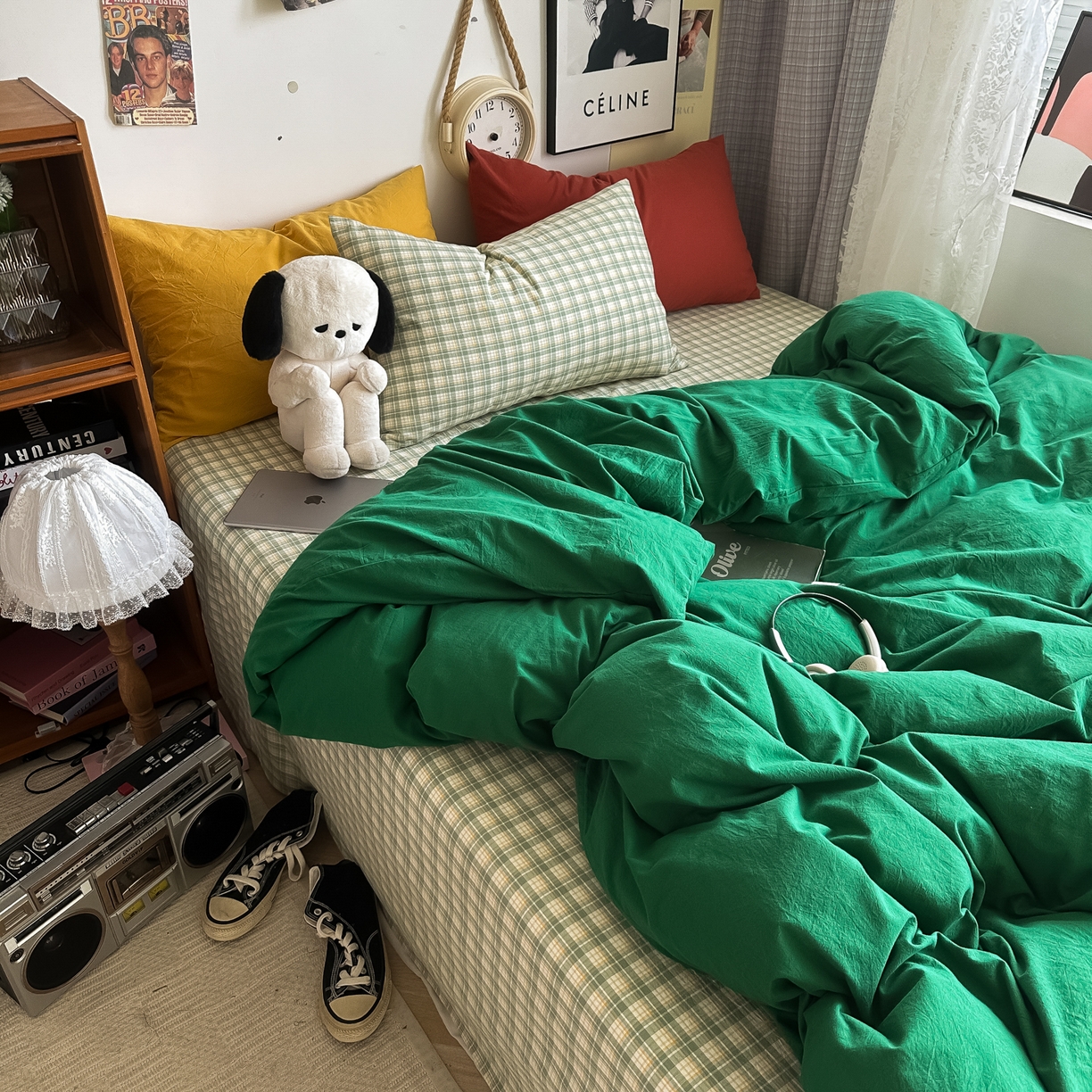 91家纺网 家纺一手货源 找家纺 对白 2025新款全棉纯棉色织水洗棉四件套-圣托里尼 圣托里尼（枕套姜黄+格子）