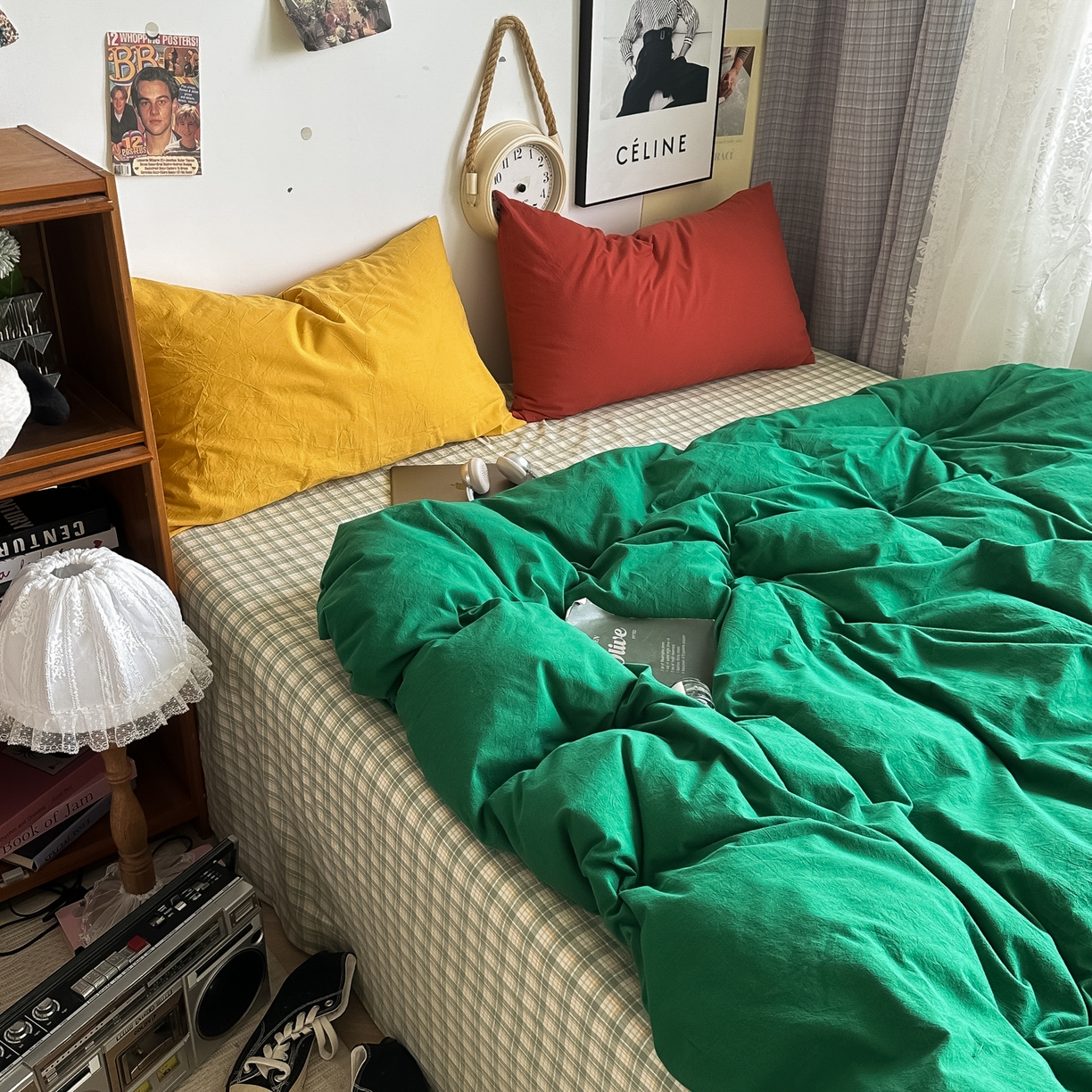 91家纺网 家纺一手货源 找家纺 对白 2025新款全棉纯棉色织水洗棉四件套-圣托里尼 圣托里尼（枕套海王绿+格子）