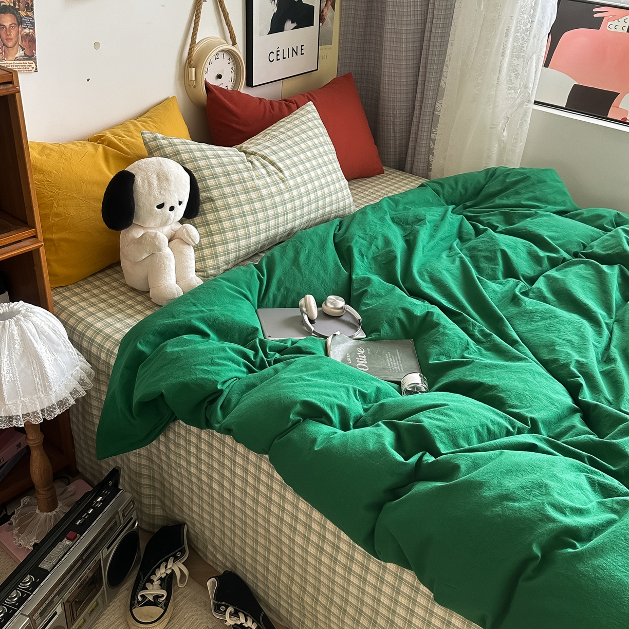 91家纺网 家纺一手货源 找家纺 对白 2025新款全棉纯棉色织水洗棉四件套-圣托里尼 圣托里尼（枕套姜黄+枫叶红）