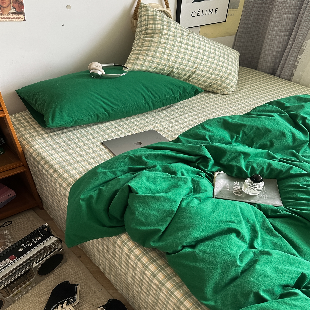 91家纺网 家纺一手货源 找家纺 对白 2025新款全棉纯棉色织水洗棉四件套-圣托里尼 圣托里尼（枕套海王绿）