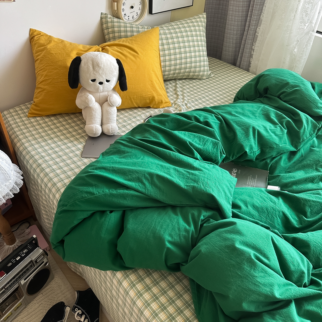 91家纺网 家纺一手货源 找家纺 对白 2025新款全棉纯棉色织水洗棉四件套-圣托里尼 圣托里尼（枕套姜黄+枫叶红）