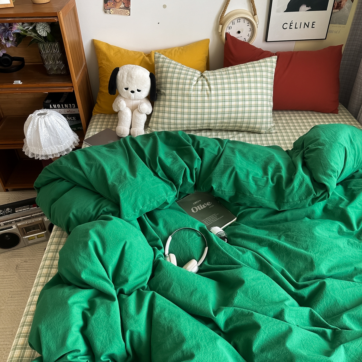 91家纺网 家纺一手货源 找家纺 对白 2025新款全棉纯棉色织水洗棉四件套-圣托里尼 圣托里尼（枕套姜黄+格子）