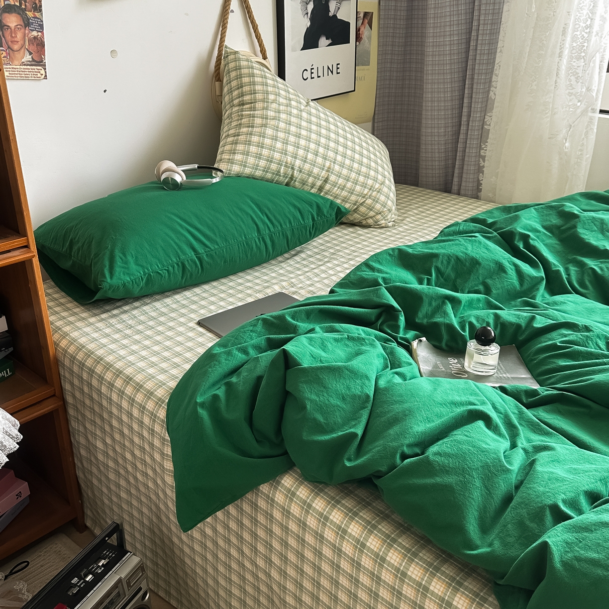 91家纺网 家纺一手货源 找家纺 对白 2025新款全棉纯棉色织水洗棉四件套-圣托里尼 圣托里尼（枕套姜黄+格子）