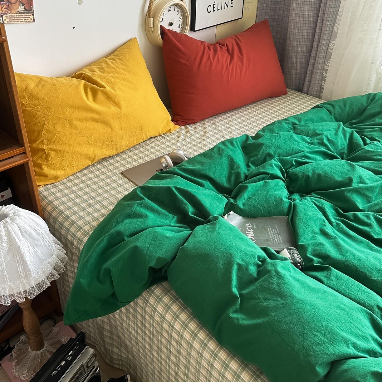 91家纺网 家纺一手货源 找家纺 对白 2025新款全棉纯棉色织水洗棉四件套-圣托里尼 圣托里尼（枕套姜黄+格子）