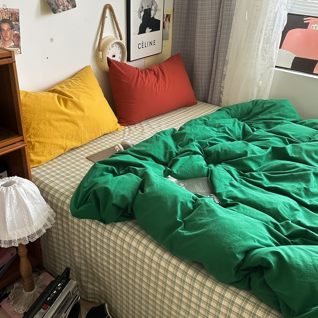 91家纺网 家纺一手货源 找家纺 对白 2025新款全棉纯棉色织水洗棉四件套-圣托里尼 圣托里尼（枕套姜黄+格子）