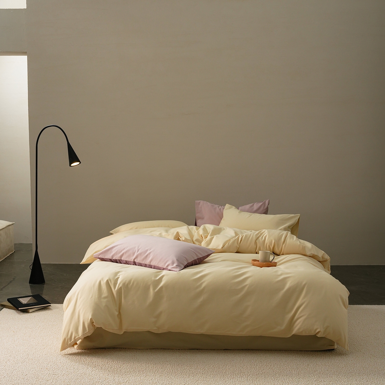 禾时 2025新款A类全棉贡缎磨毛纯色四件套（礼盒包装）-风格1 奶昔