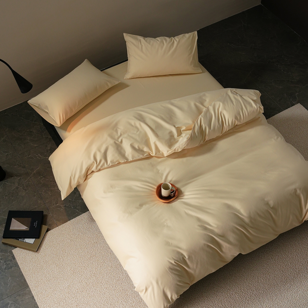 91家纺网 家纺一手货源 找家纺 禾时 2025新款A类全棉贡缎磨毛纯色四件套（礼盒包装）-风格1 奶昔