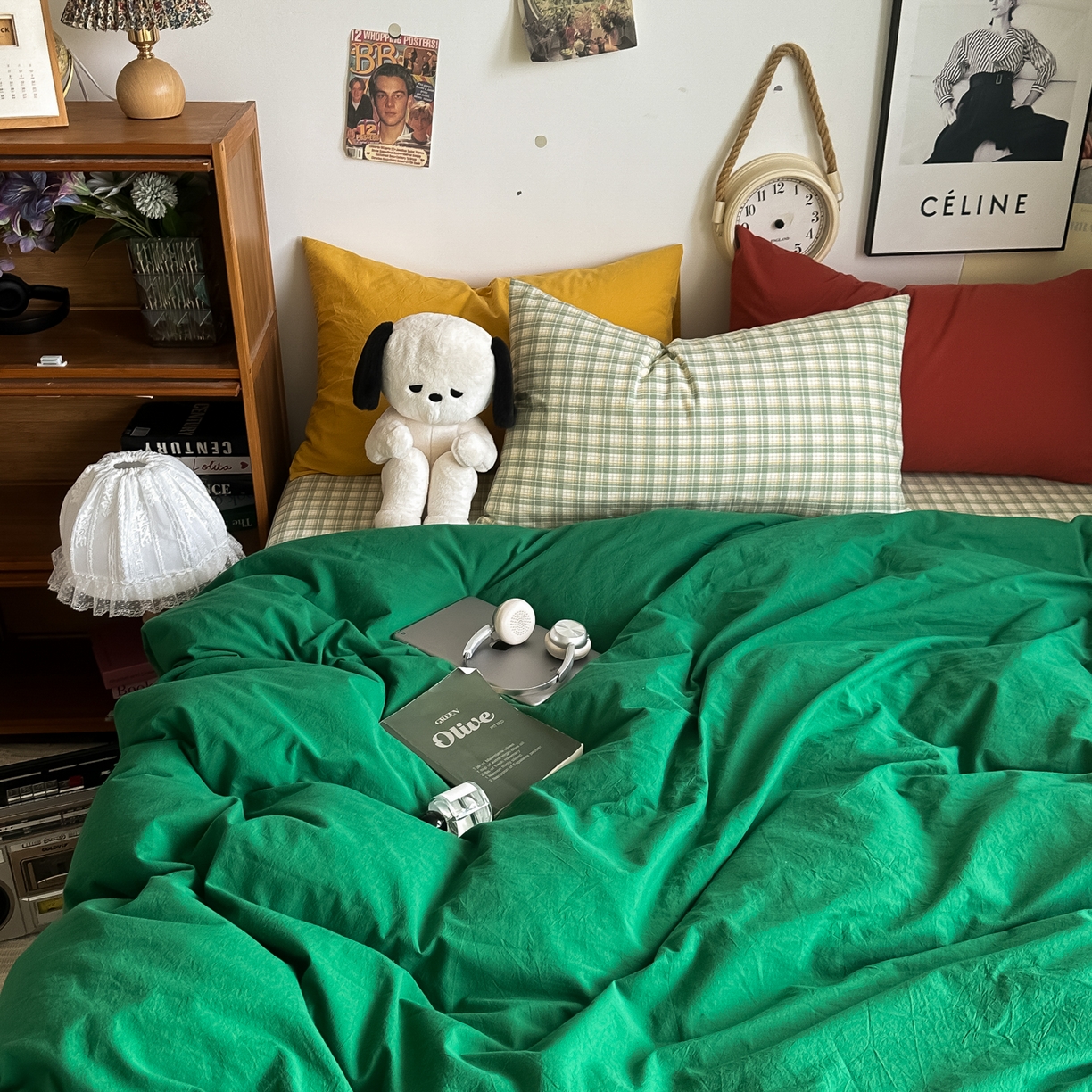 91家纺网 家纺一手货源 找家纺 对白 2025新款全棉纯棉色织水洗棉四件套-圣托里尼 圣托里尼（枕套姜黄+枫叶红）