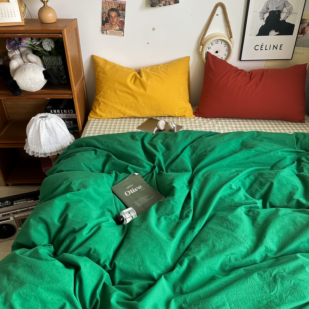 91家纺网 家纺一手货源 找家纺 对白 2025新款全棉纯棉色织水洗棉四件套-圣托里尼 圣托里尼（枕套海王绿）