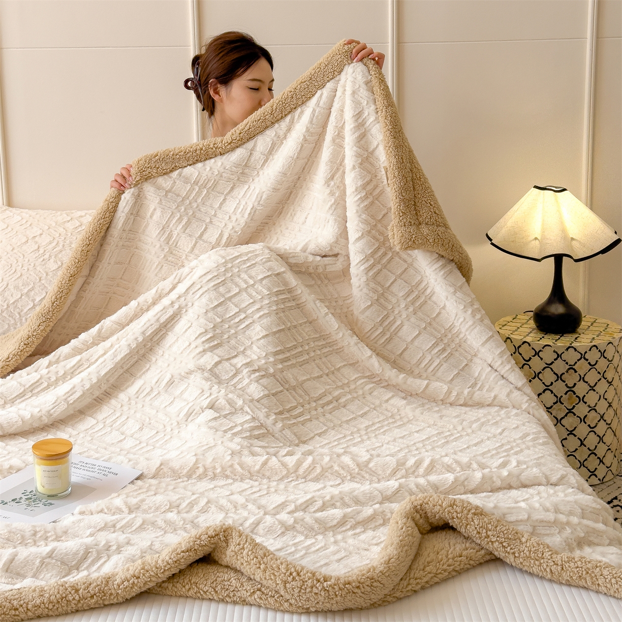 91家纺网 家纺一手货源 找家纺 慕木家纺 2025新款高克重加厚兔毛绒斜纹双层毛毯毛毯毯子（可供跨境提供买家秀） 兔兔绒-斜纹-奶杏咖