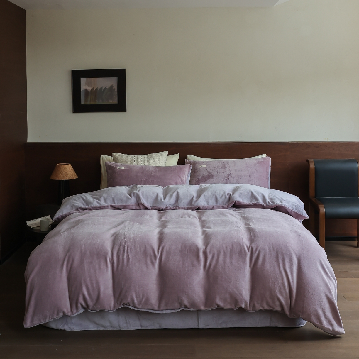 91家纺网 家纺一手货源 找家纺 （总）时光里 2025新款230克纯色简约双拼牛奶绒四件套套件