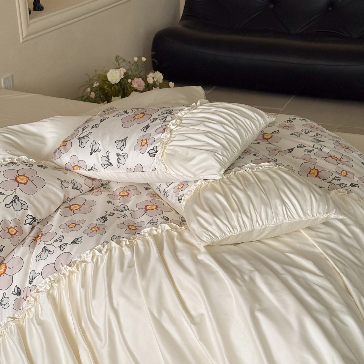 91家纺网 家纺一手货源 找家纺 （总）ONE TWO ONE 121 2025新款100S长绒棉贡缎数码印花四件套-素笺花影【提供买家秀】 【会员-20】 平台控价券后不得低于368/388元