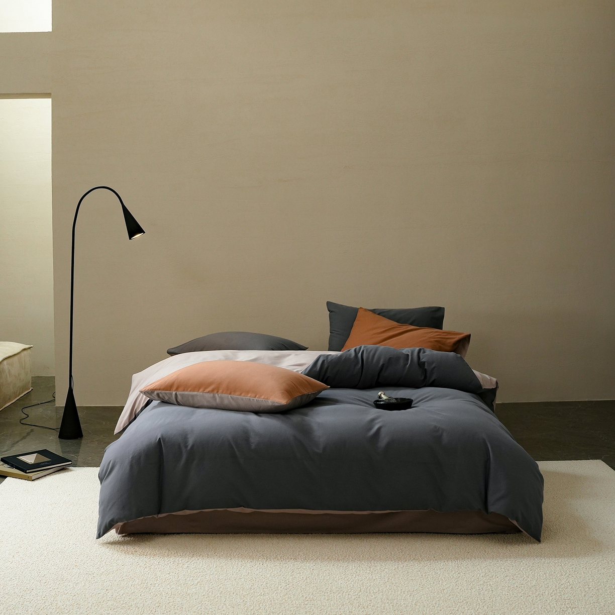 禾时 2025新款A类全棉贡缎磨毛纯色四件套（礼盒包装）-风格1 钛苏