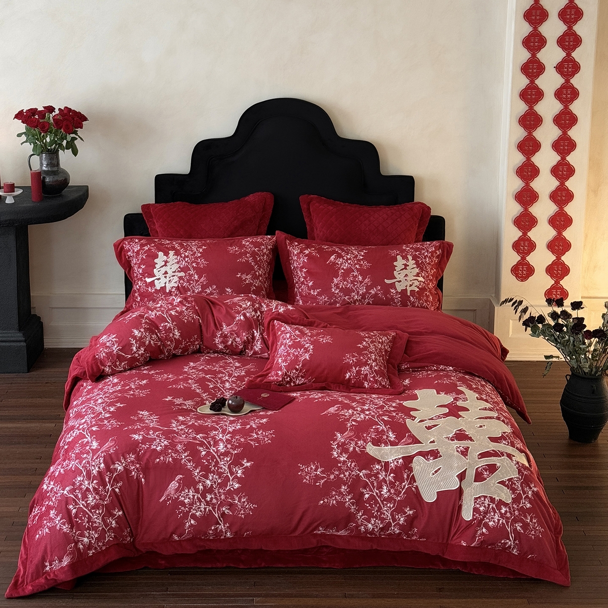 91家纺网 家纺一手货源 找家纺 江涞 2025新款高克重婴肤绒数码印花高端刺绣四件套-合欢 合欢-红